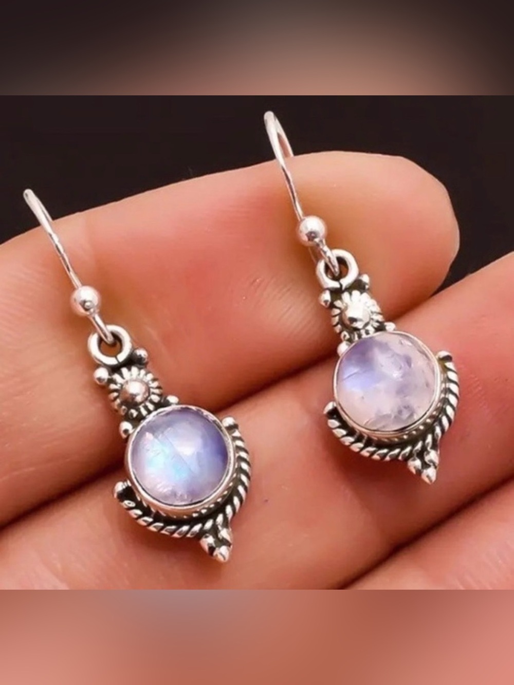 Sterling Silver Moonstone Drop Earrings - Iridescent White